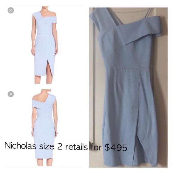 nicholas Dresses & Skirts - Nicholas light blue off shoulder Ponte Slit dress